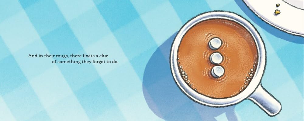 A stylized illustration of a white mug filled with brown liquid, showing three floating bubbles, set against a light blue checkered background with printed text on the left.