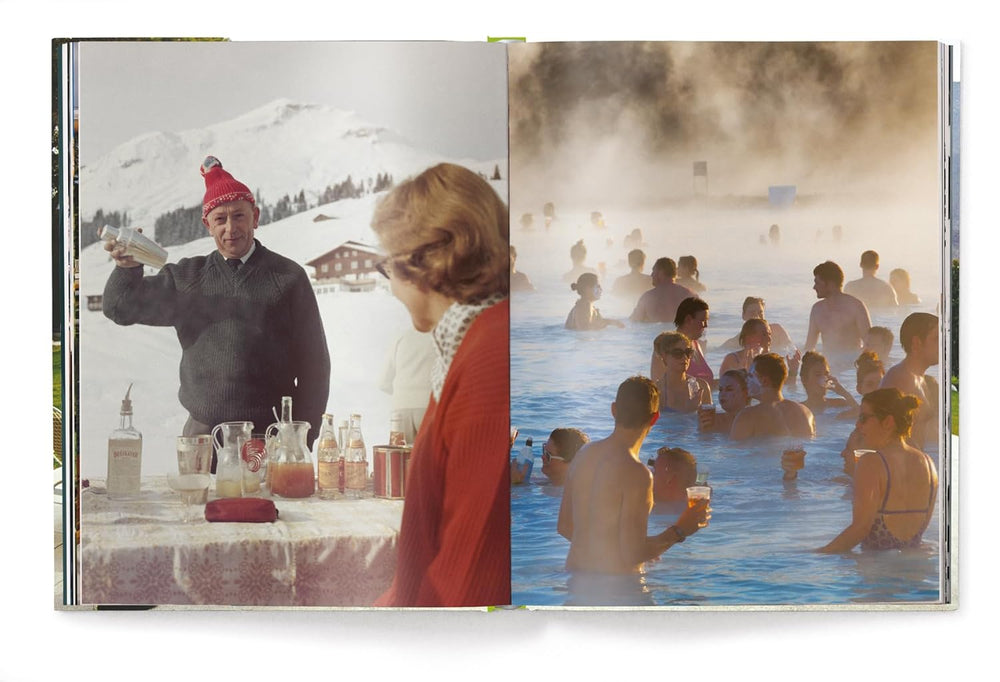 Book open to two pages showing a snowy mountain scene with people and a hot spring with people.