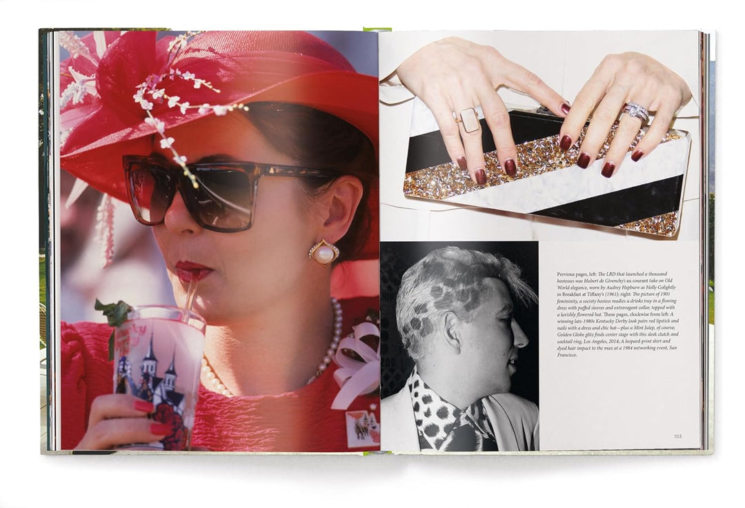 Open book showing a woman in a red hat and sunglasses, a close-up of hands with a clutch, and a black and white photo of a tattoo.