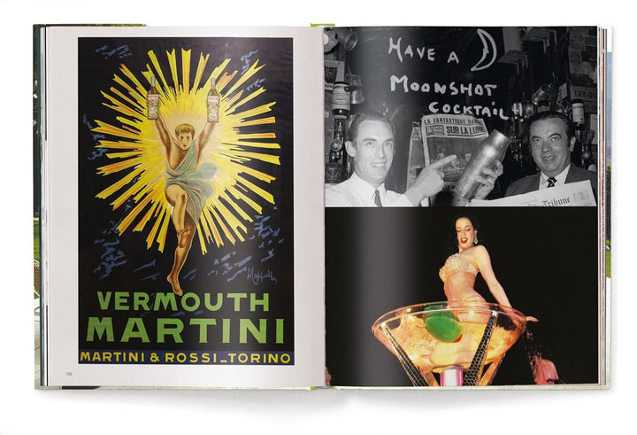 Open book showing vintage Martini advertisement and black-and-white photo of people with text.