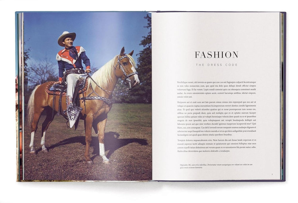 Open book showing a person on horseback with text about fashion.