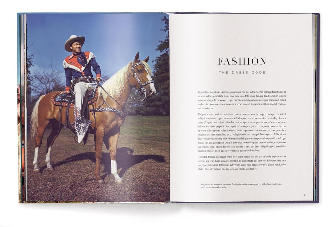Open book showing a person on horseback with text about fashion.