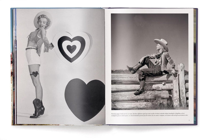 Open book showing black and white photos of a woman and a cowboy with hearts.