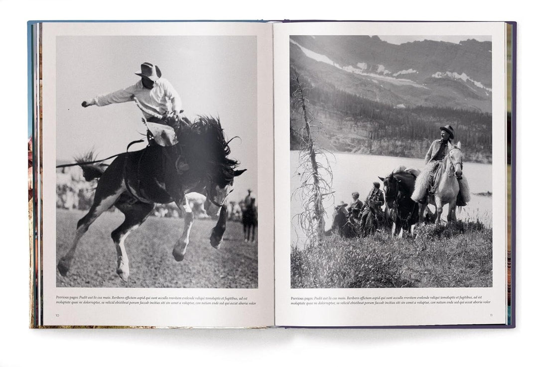 Open book showing black and white photos of people riding horses in a natural setting.