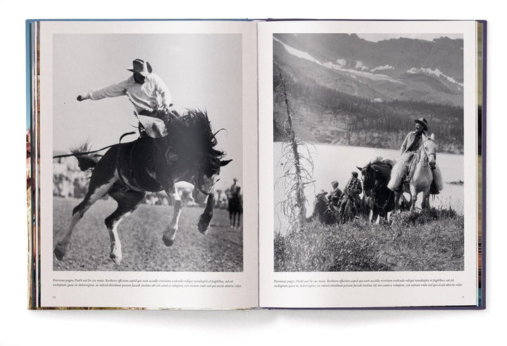 Open book showing black and white photos of people riding horses in a natural setting.