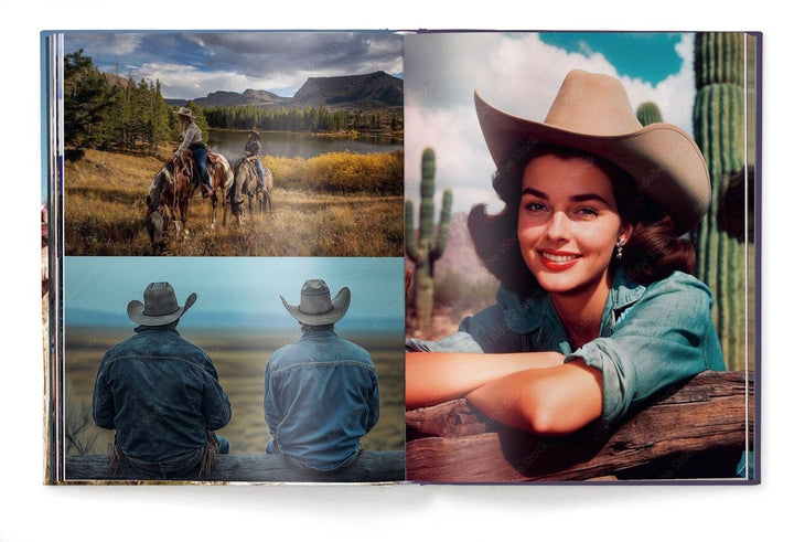 Product packaging with images of people in cowboy hats and a desert scene.