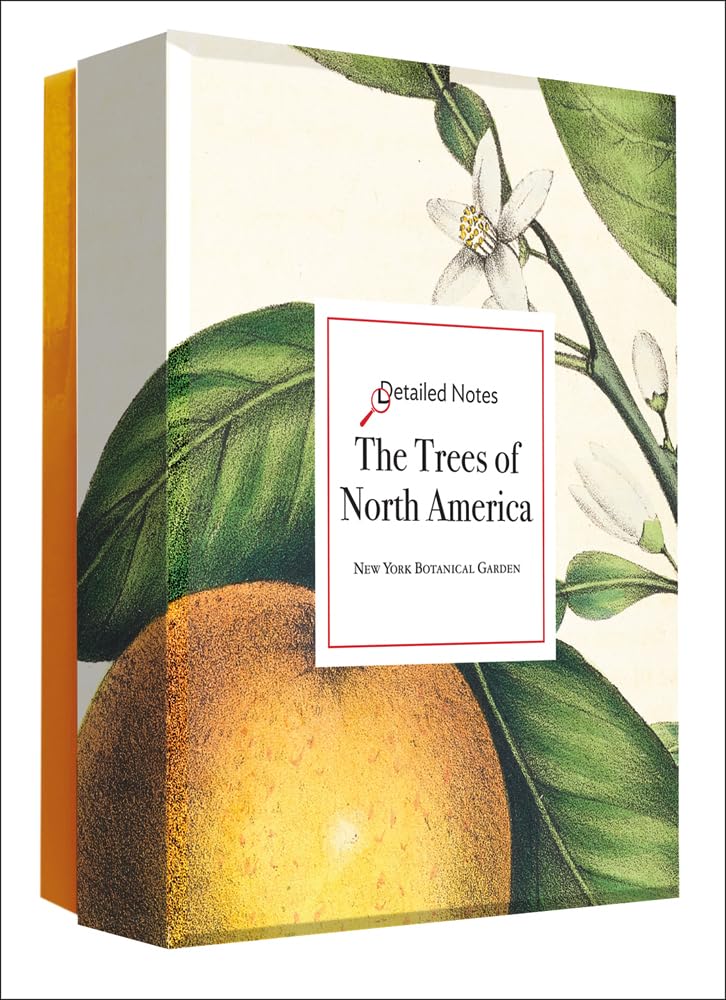 A boxed book titled "The Trees of North America" by New York Botanical Garden, shown at a slight angle. The cover features botanical illustrations of green leaves, white blossoms, and a large orange.