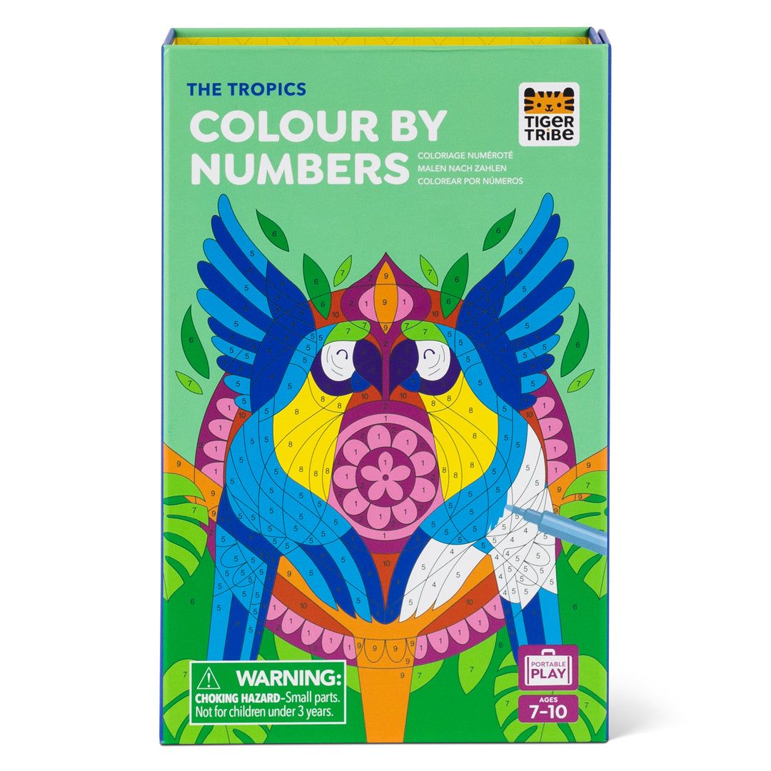 Color by numbers kit packaging with a colorful parrot design on a green background