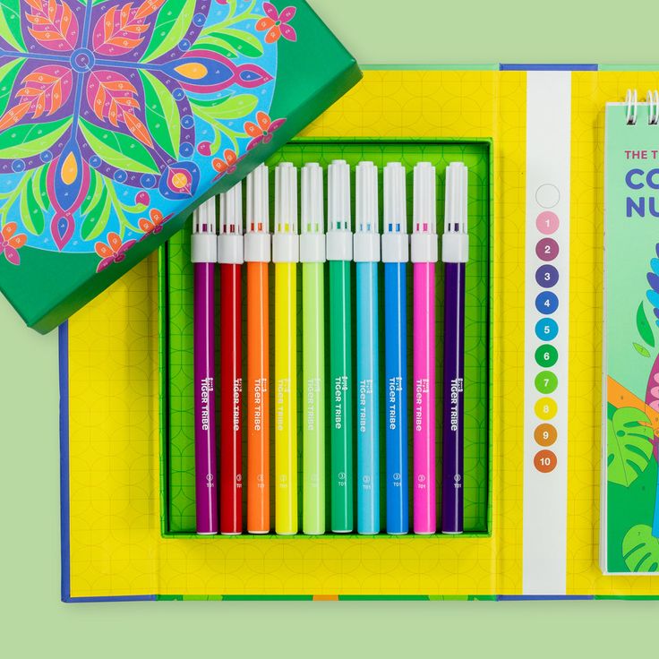 Set of colorful markers with a colorful box on a green background