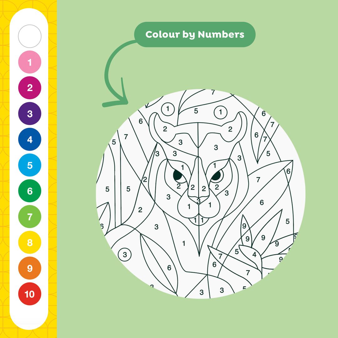 Color by numbers activity sheet with a lion design on a green background