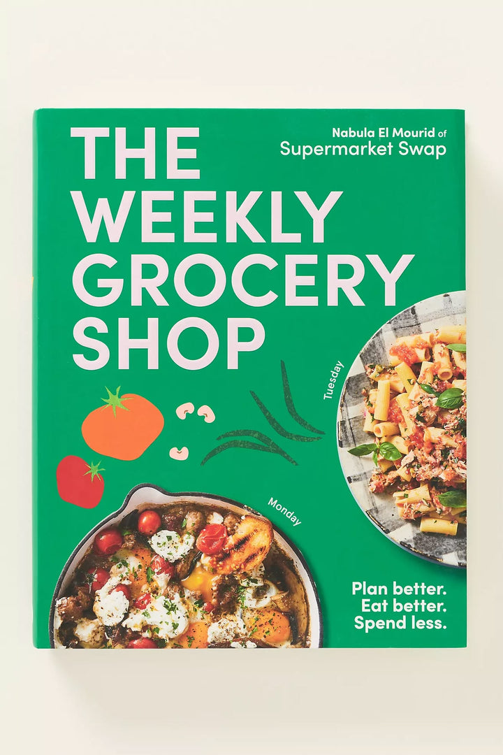 The Weekly Grocery Shop cookbook by Nabula El Maurid of Supermarket Swap, featuring a bright green cover with white text and illustrations of fresh produce and prepared meals.