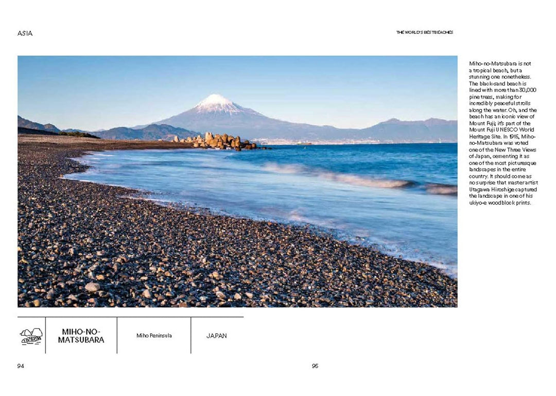 Beach scene with Mount Fuji in the background, featuring text on the right side.