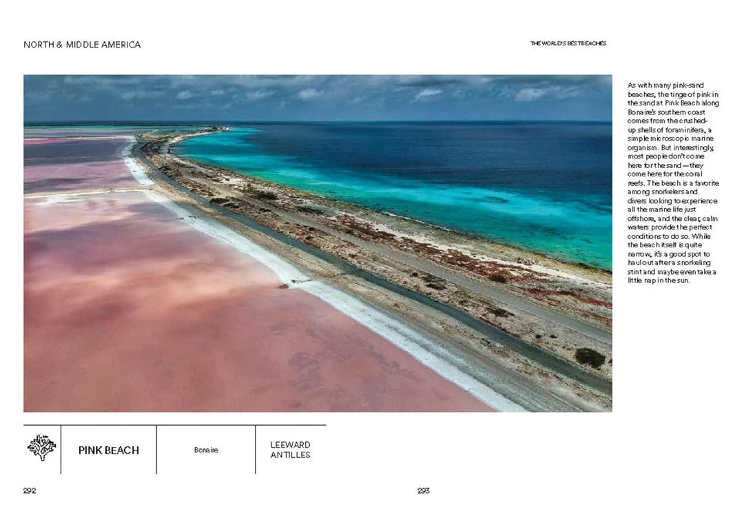 Colorful beach with pink sand and turquoise water, text on the right side.