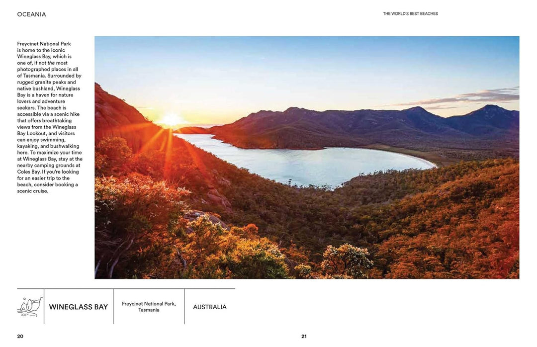 Scenic view of Wineglass Bay with mountains and a lake, featuring text about Freycinet National Park, Tasmania, Australia.