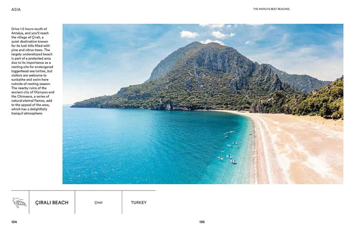 Beach with clear blue water and a mountain in the background