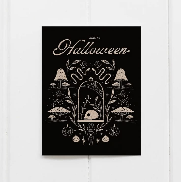 A vertical black art print with cream-colored Halloween illustrations and the words 'also to Halloween' at the top, displayed against a white wood plank background.
