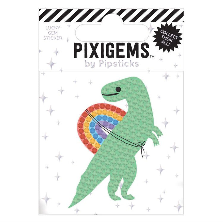 Packaging of Pixigems by Pipsticks with a dinosaur design and rainbow pattern.