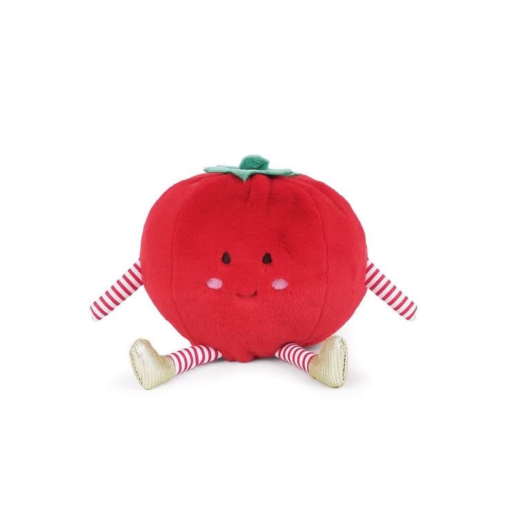Plush toy shaped like a red apple with legs and arms on a white background