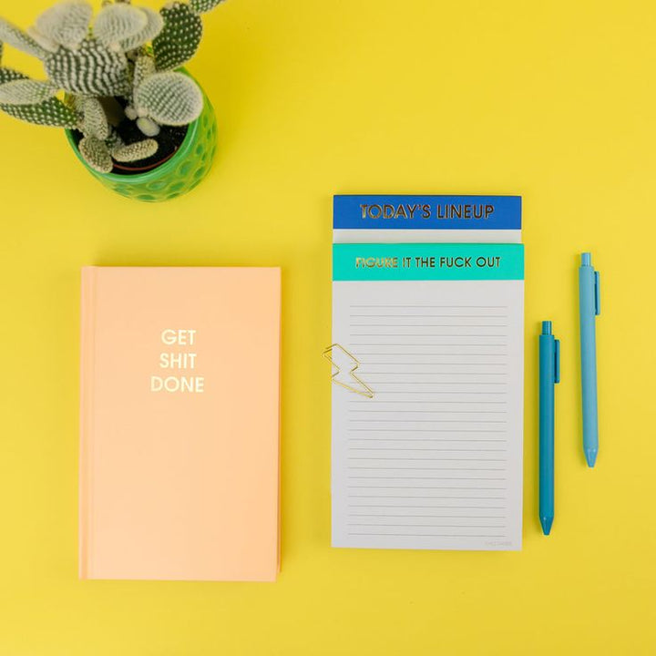 Notebook, notepad, and pen on a yellow background with a cactus plant.