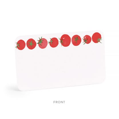 Note card with red tomato illustrations on a white background