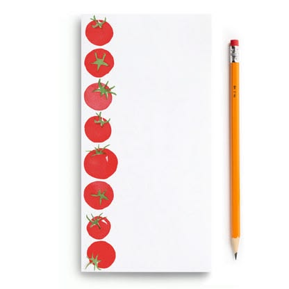 A white notepad featuring a vertical row of red tomato illustrations along the left side, shown next to an orange pencil on a clean white background.