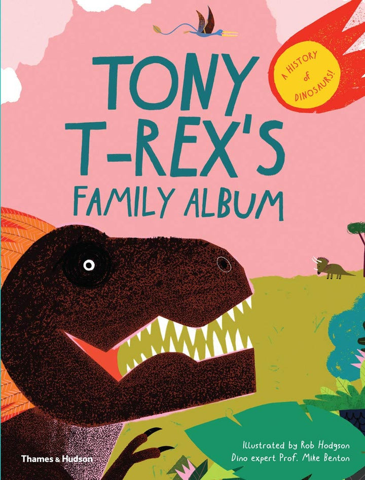 Book cover of 'Tony T-Rex's Family Album' with a dinosaur illustration on a pink background.