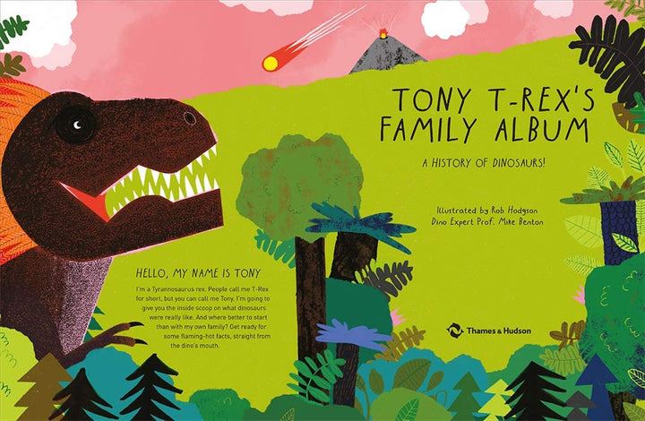 Book cover of 'Tony T-Rex's Family Album' with a dinosaur illustration and forest background.