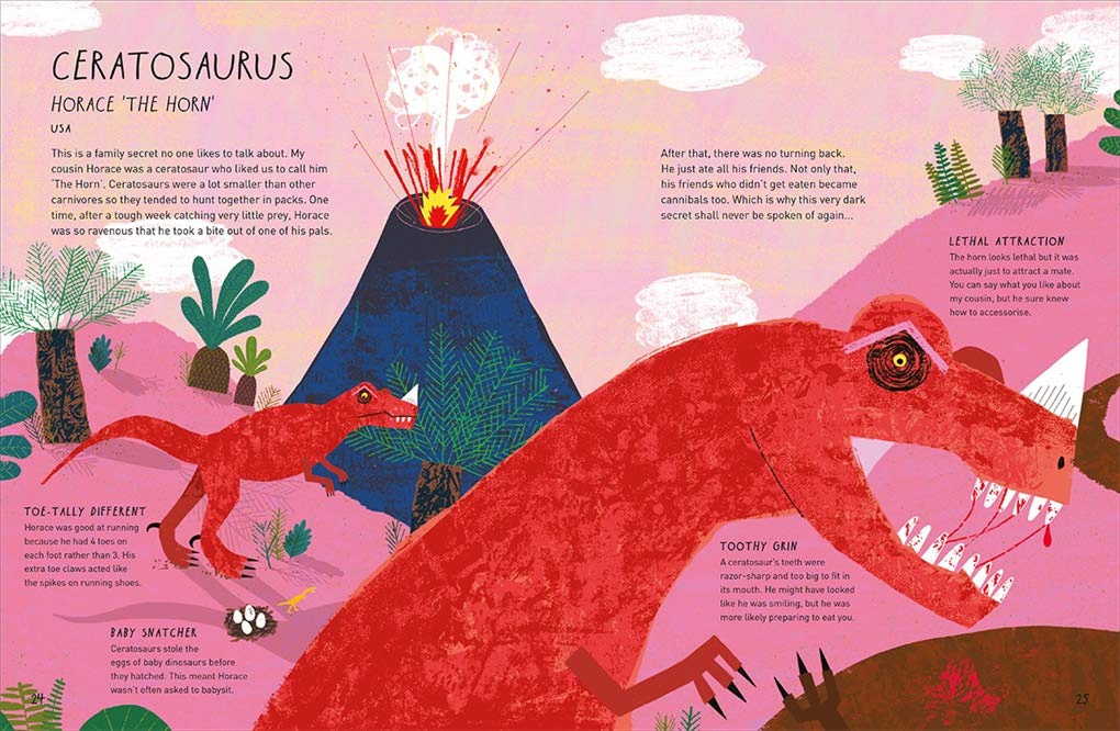 Illustration of a ceratosaurus with educational text on a pink background