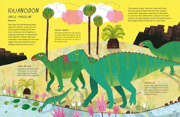 Illustration of dinosaurs in a prehistoric landscape with trees and plants.