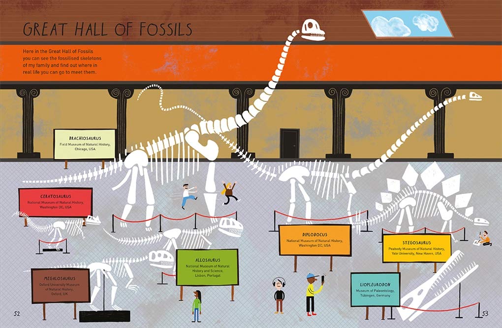 Illustration of a museum hall with dinosaur skeletons and informational signs.