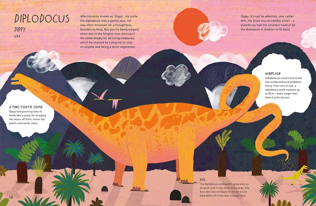 Illustration of a diplodocus dinosaur in a prehistoric landscape with mountains and plants.