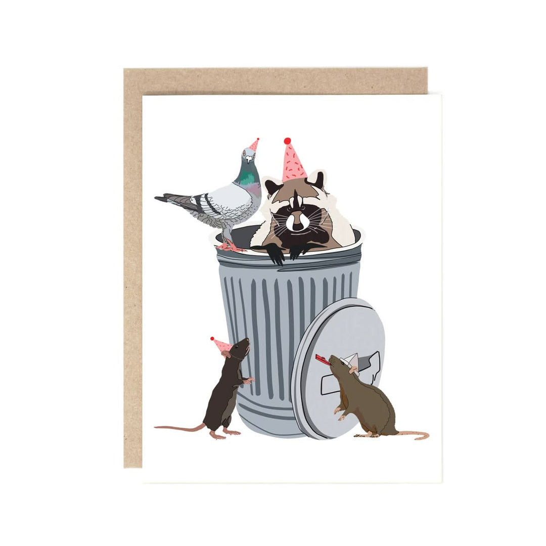 Illustration of animals in a trash can with party hats on a white background