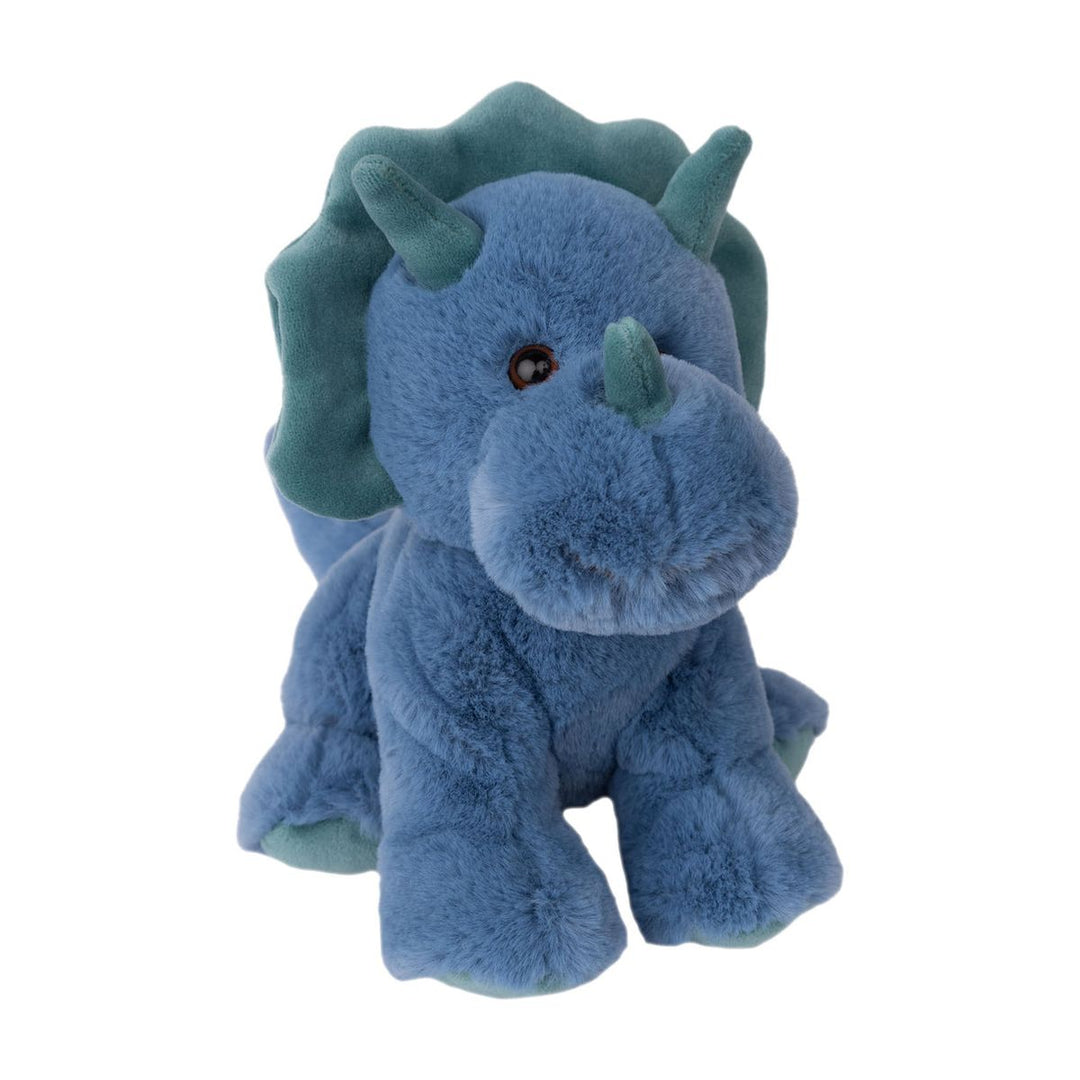 Blue plush dinosaur toy on a white background