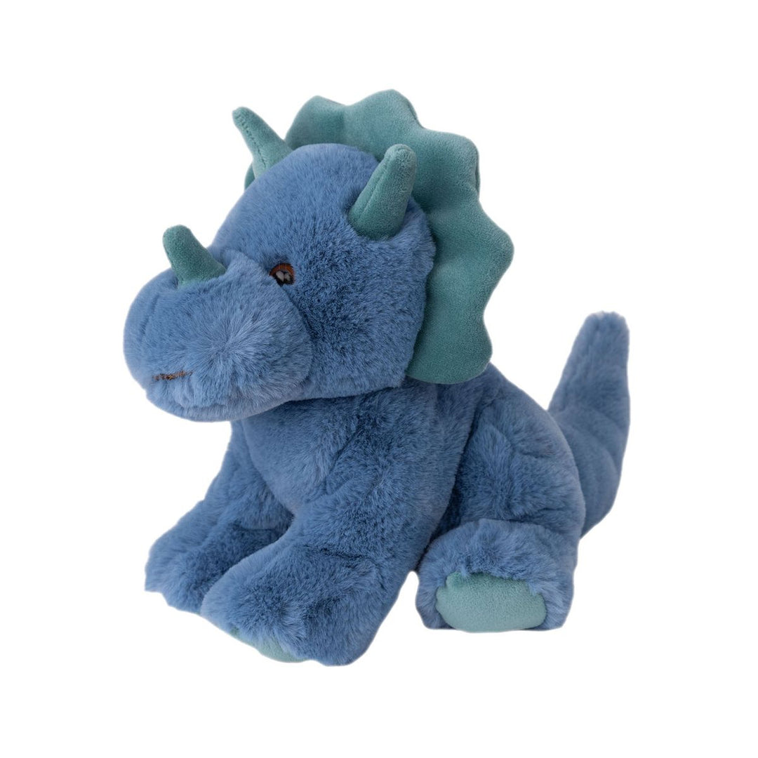 Blue plush dinosaur toy on a white background