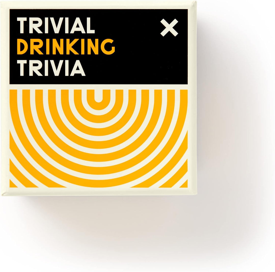 Box of 'Trivial Drinking Trivia' with black and yellow design on a white background
