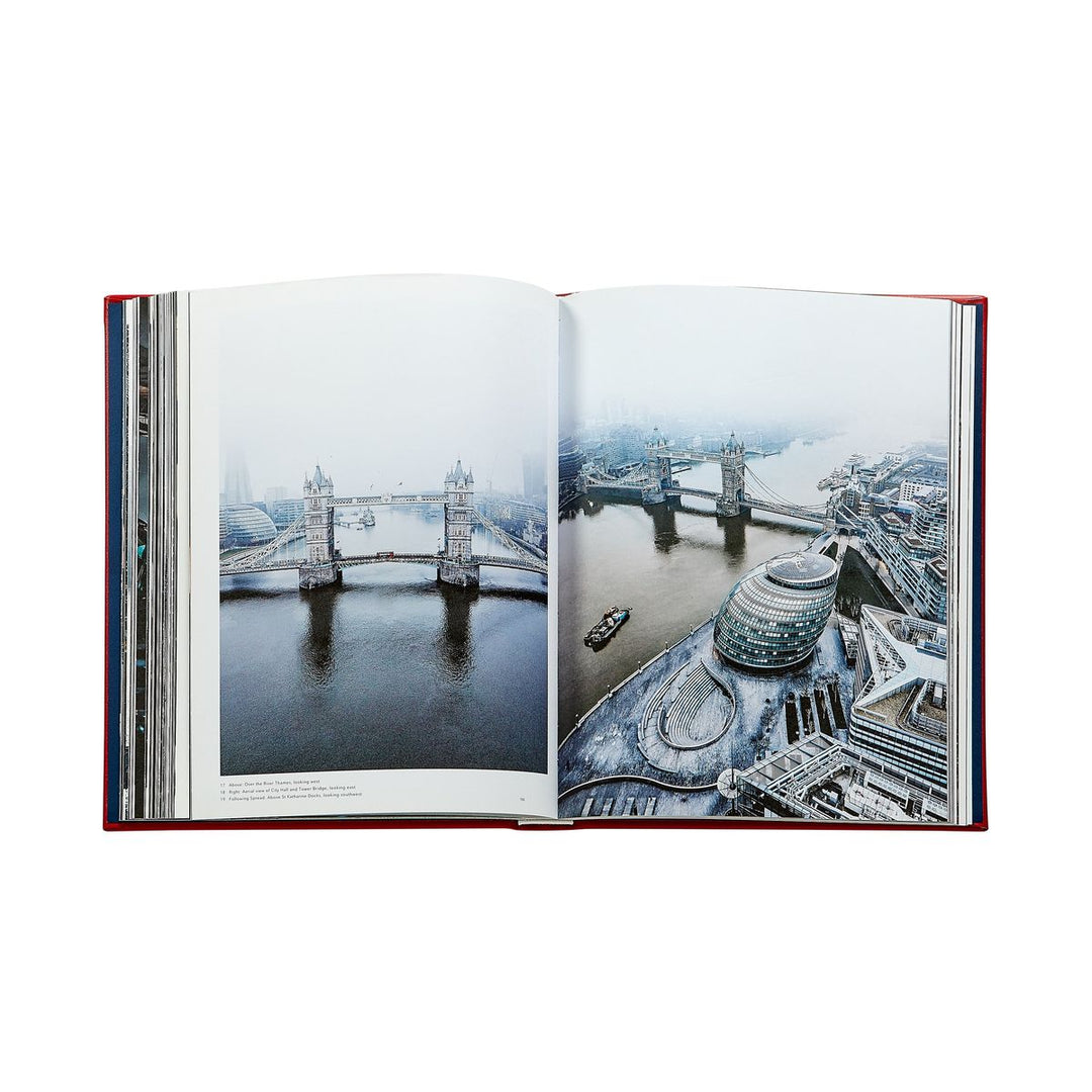 Open book showing images of London landmarks including Tower Bridge and the London Eye.