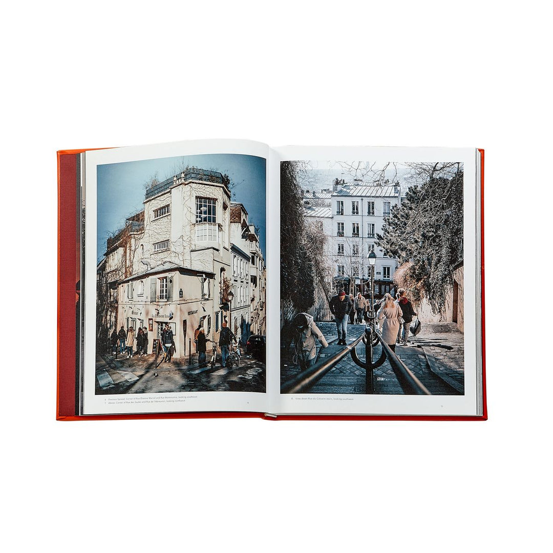 Open book showing two photographs of a city street with people on a white background