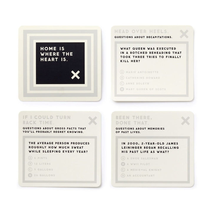 Four playing cards with text on a white background