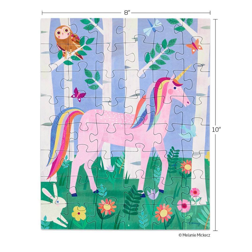 Children's puzzle with a unicorn, rabbit, and butterfly in a forest design.