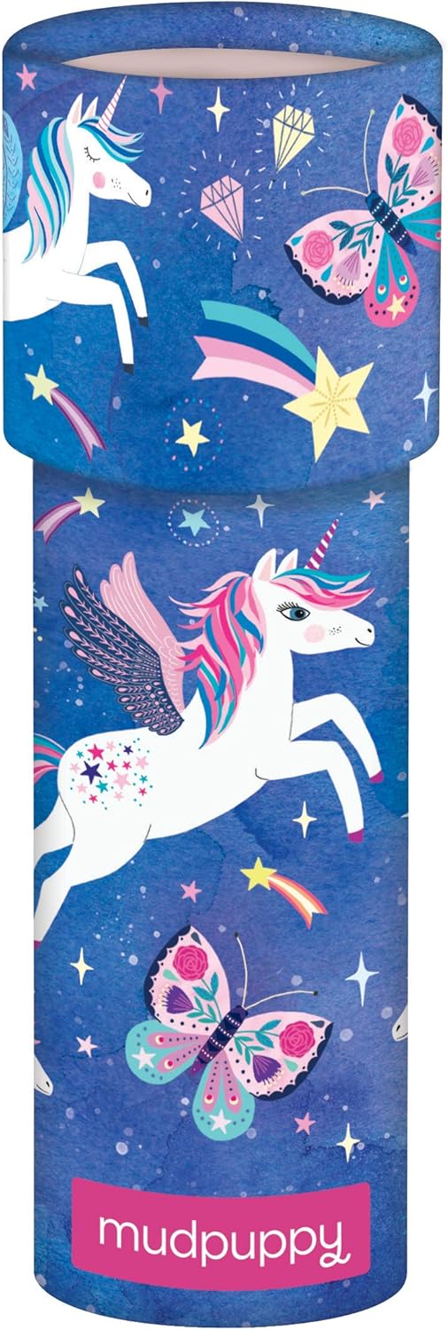 Unicorn-themed product with 'mudpuppy' branding on a blue background