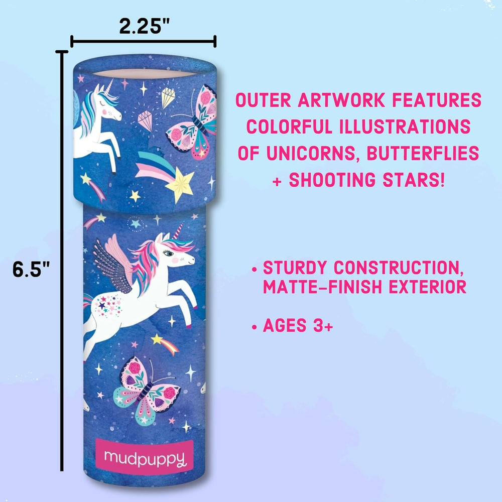 Product packaging with unicorn and butterfly illustrations on a blue background, featuring dimensions and Mudpuppy branding.