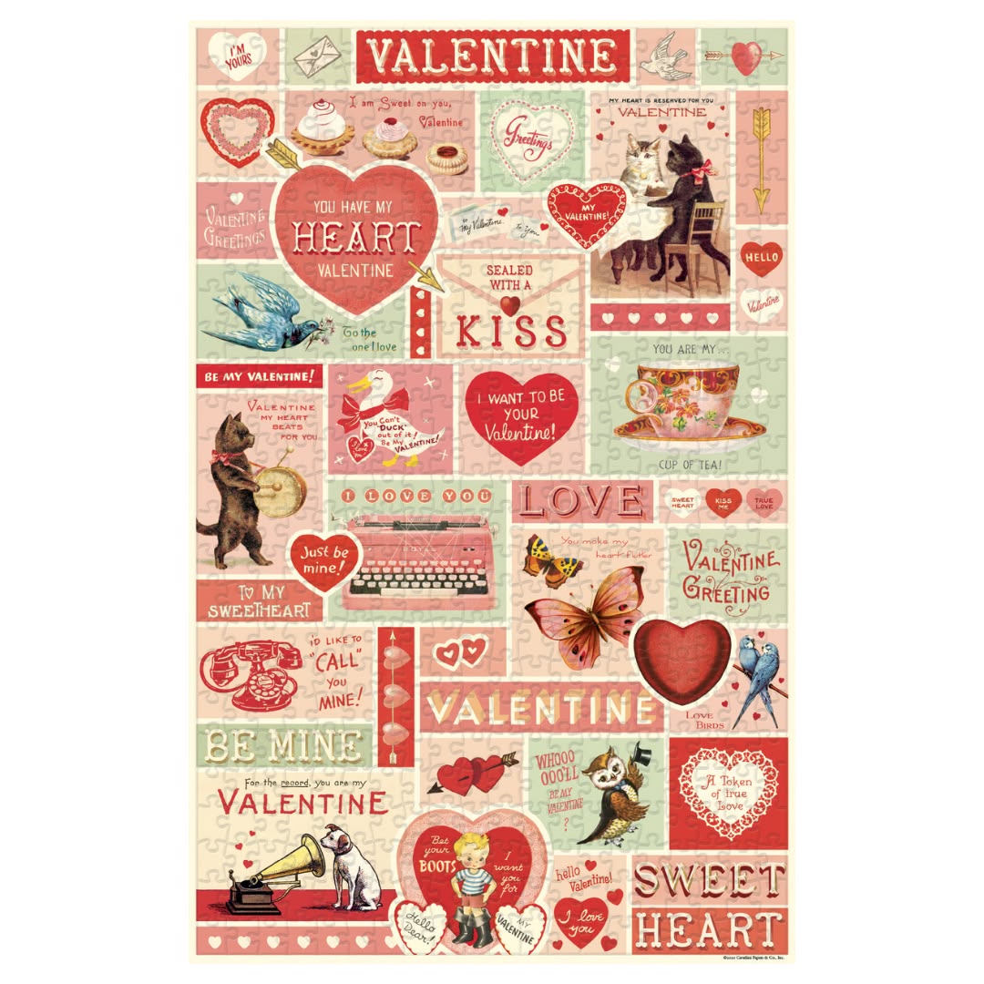 Valentine's Day themed collage with hearts, love letters, and vintage elements on a light green background.