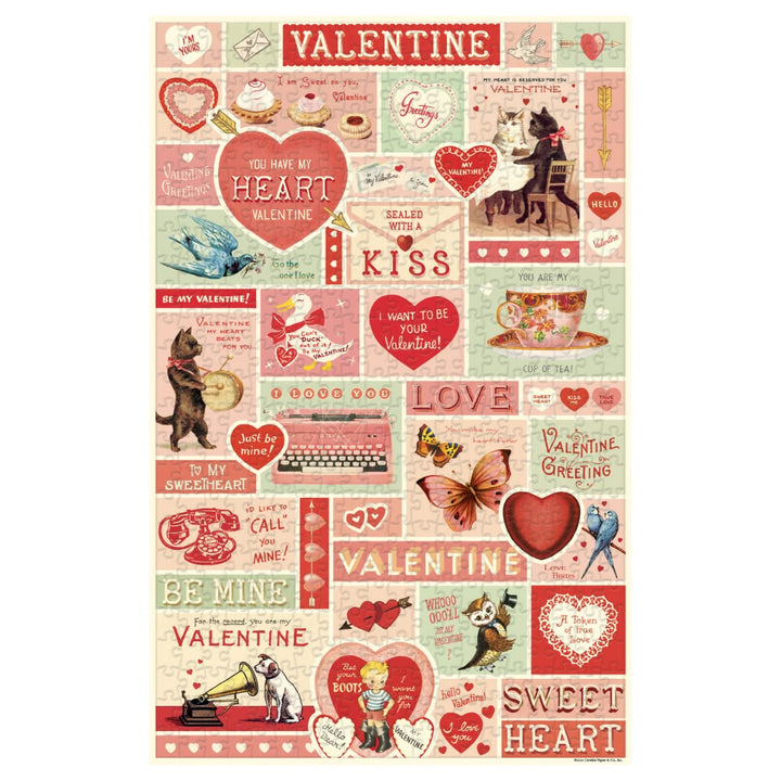 Valentine's Day themed collage with hearts, love letters, and vintage elements on a light green background.