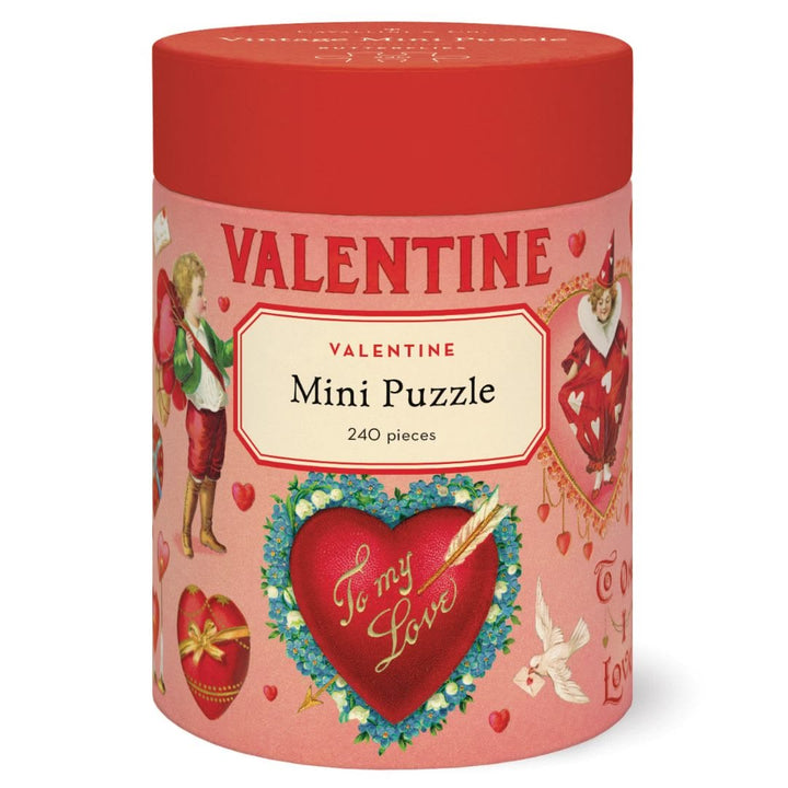 Valentine-themed mini puzzle packaging with red lid and pink body.