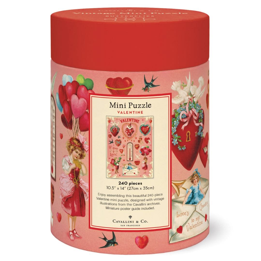 Cylindrical puzzle box with Valentine's Day design on a white background