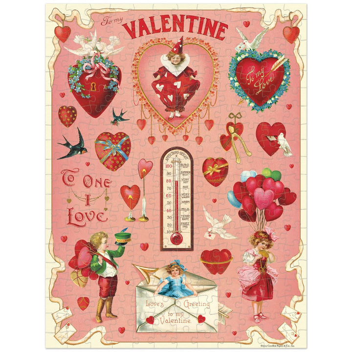 Vintage-style Valentine's Day card with hearts, cherubs, and decorative elements on a pink background.