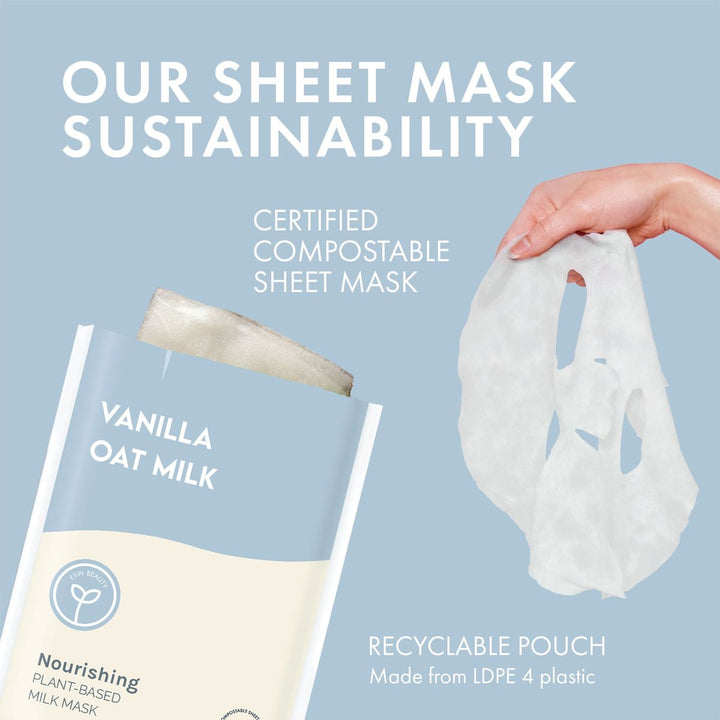 Sheet mask with compostable packaging and recyclable pouch on a blue background