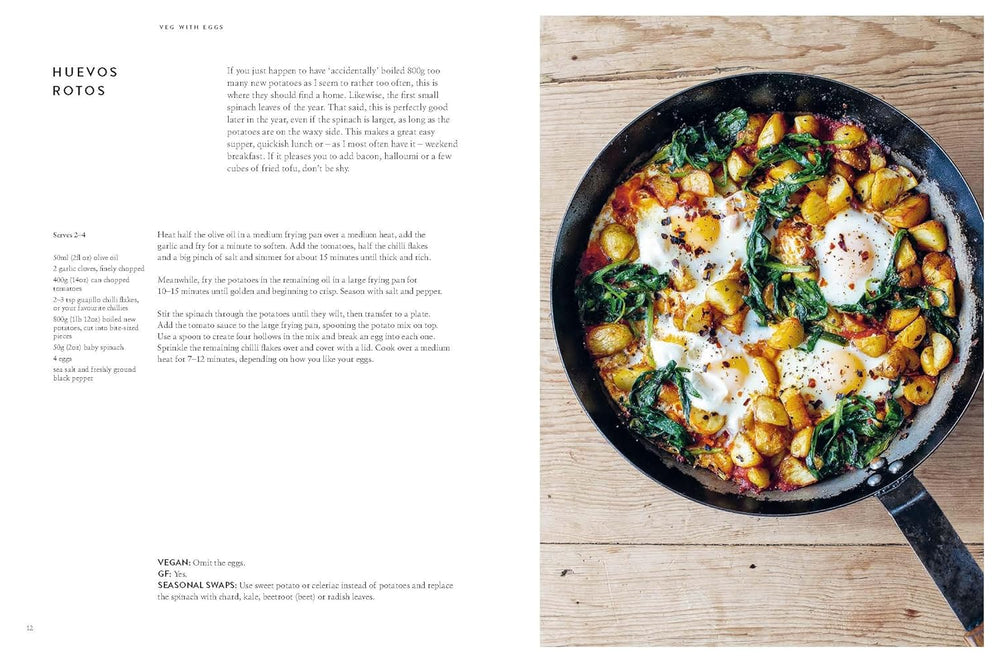 Fried eggs with potatoes and greens in a skillet on a wooden surface, with text on the left side.