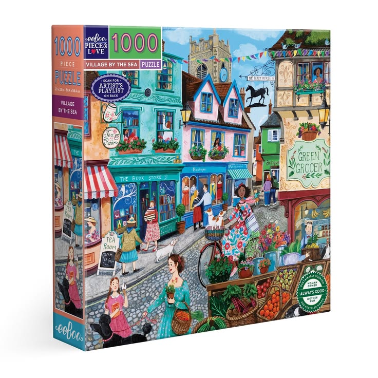 Jigsaw puzzle box featuring a colorful village scene with shops and people.