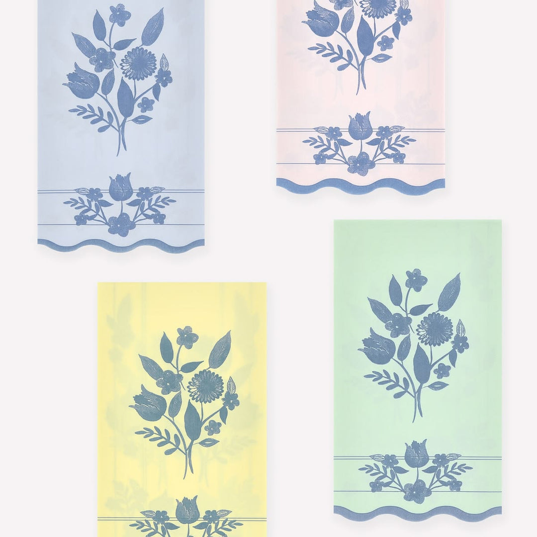 Set of four fabric swatches with floral patterns on a white background